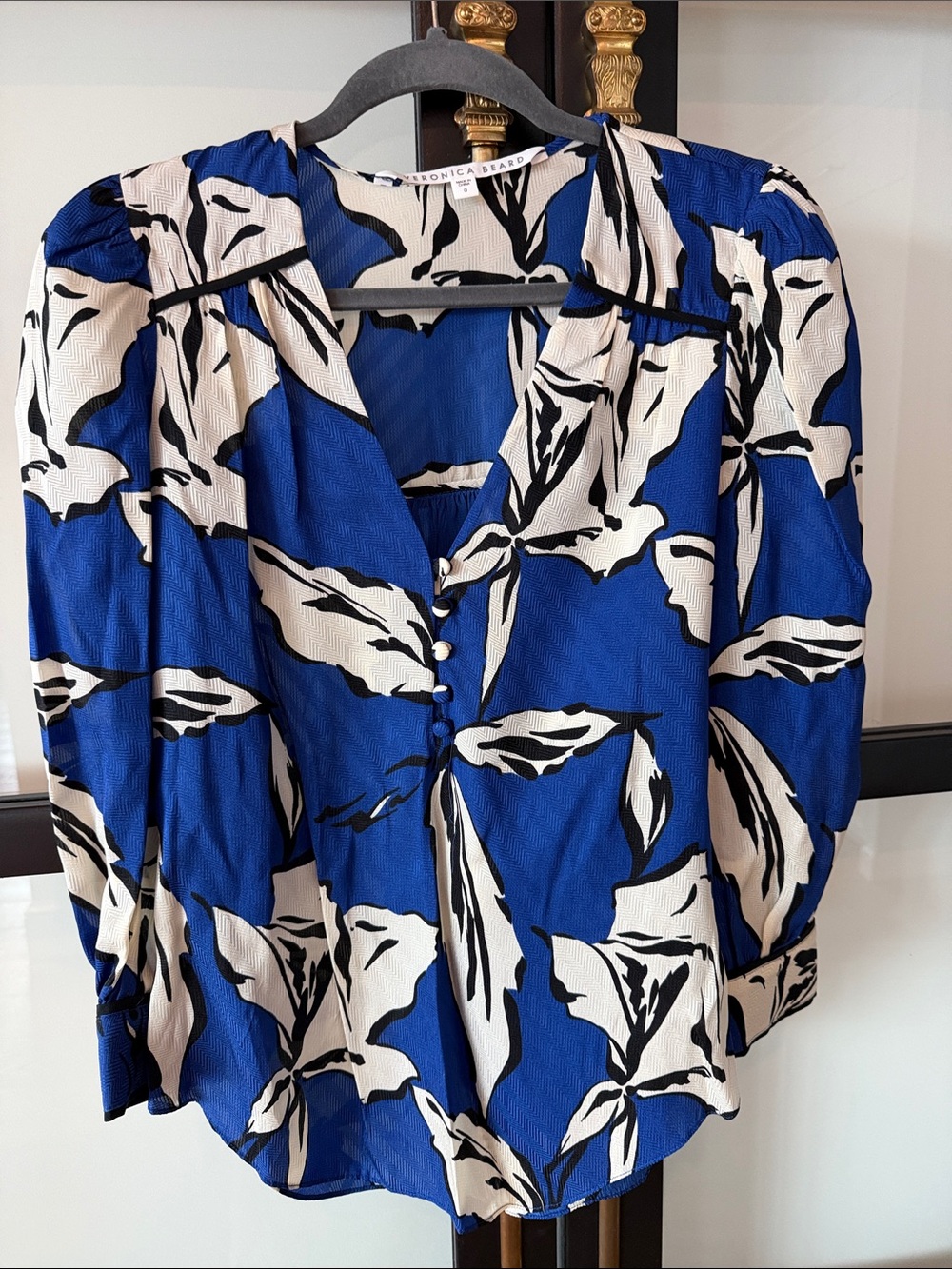Veronica Beard Royal Blue, White & Black Floral V-Neck Blouse